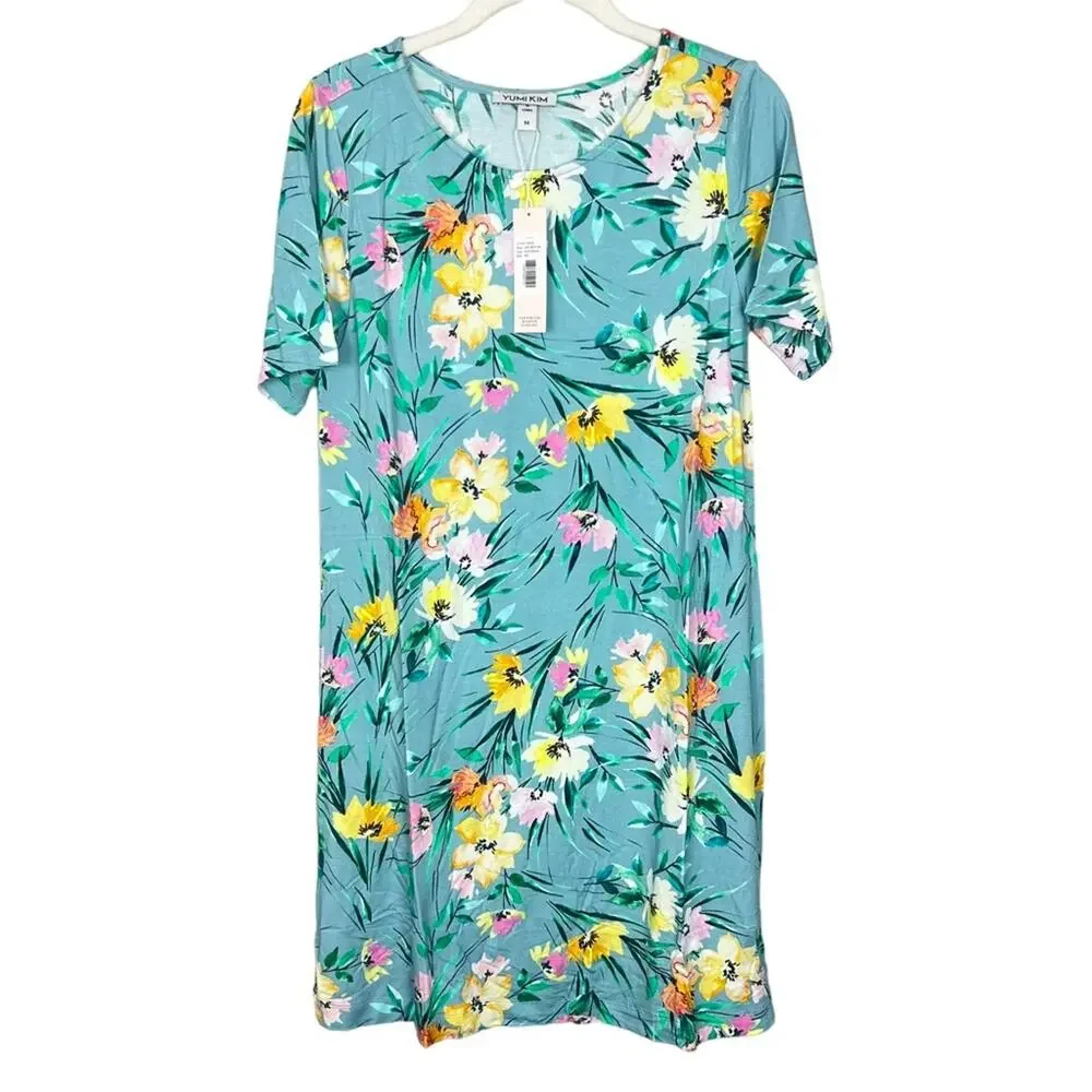 NWT Yumi Kim Sun Dance Livi T-Shirt Dress sz M Blue Floral Mini Stretch Comfy